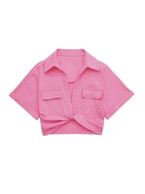 GR - Damen Vintage Kurzarm Leinen Crop Shirt