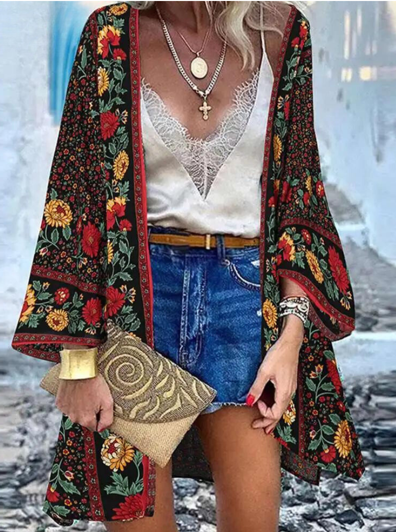 GR | Sommerlicher Damen Strickjacke Im Boho Stil Mit Buntem Blumenmuster