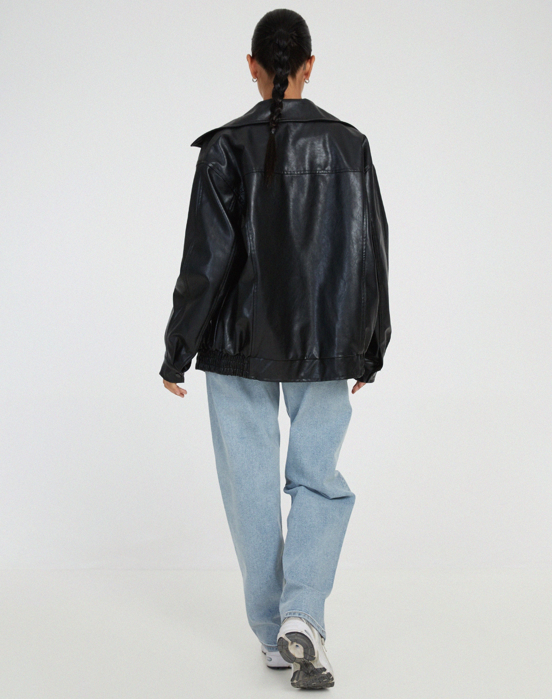 GR | Oversized Faux Leather Jacket with Zipper, Women's Faux Leather Jacket
