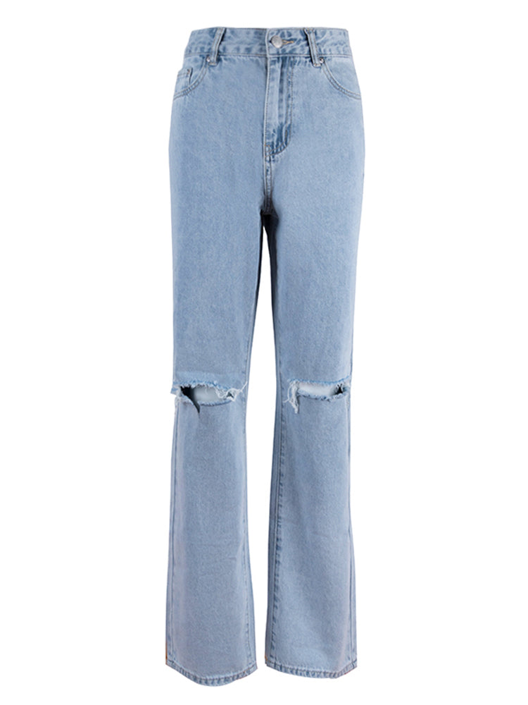 GR Damen Jeanshose Mit Lockerer Passform Zerrissen Weites Bein Hohe Taille Lassige Baggy Jean