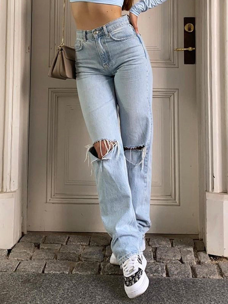 GR Damen Jeanshose Mit Lockerer Passform Zerrissen Weites Bein Hohe Taille Lassige Baggy Jean