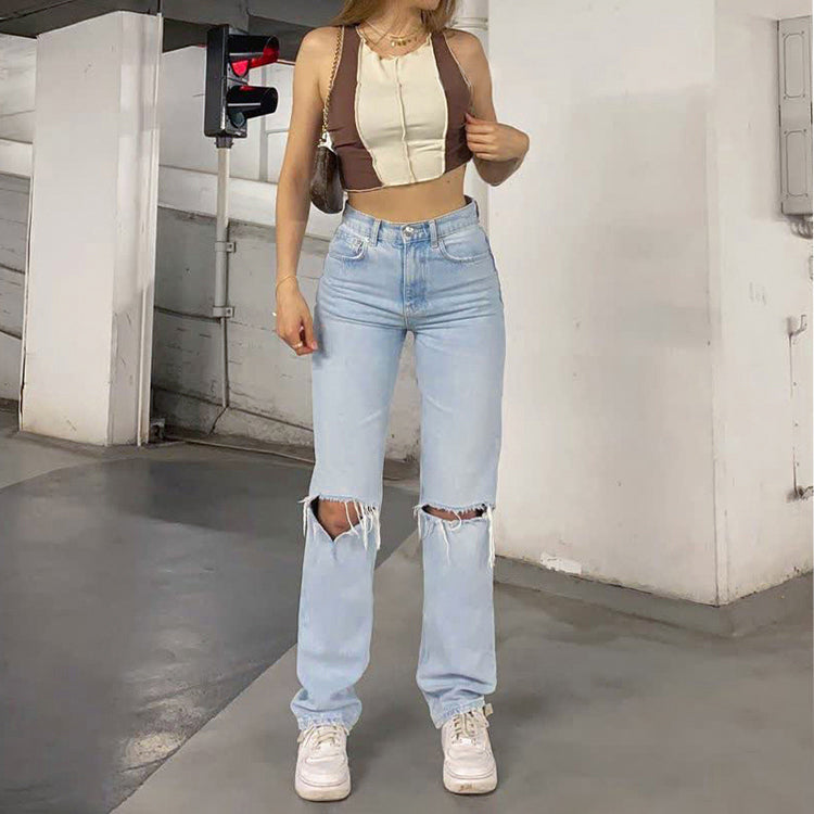 GR Damen Jeanshose Mit Lockerer Passform Zerrissen Weites Bein Hohe Taille Lassige Baggy Jean