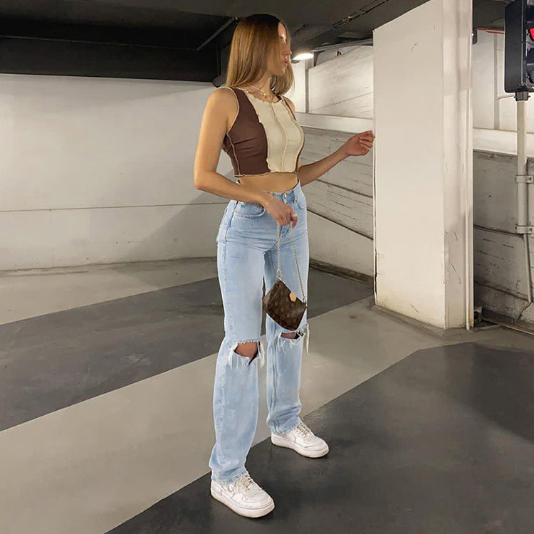 GR Damen Jeanshose Mit Lockerer Passform Zerrissen Weites Bein Hohe Taille Lassige Baggy Jean