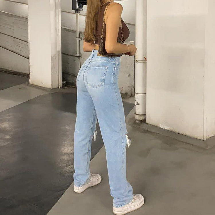 GR Damen Jeanshose Mit Lockerer Passform Zerrissen Weites Bein Hohe Taille Lassige Baggy Jean