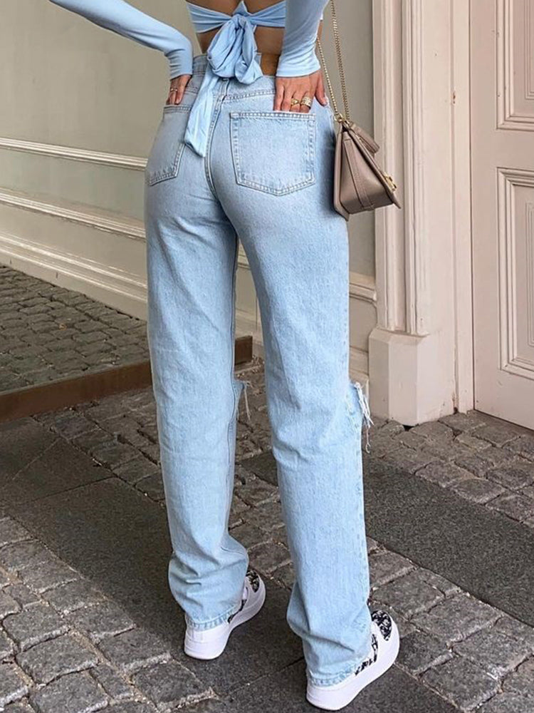 GR Damen Jeanshose Mit Lockerer Passform Zerrissen Weites Bein Hohe Taille Lassige Baggy Jean