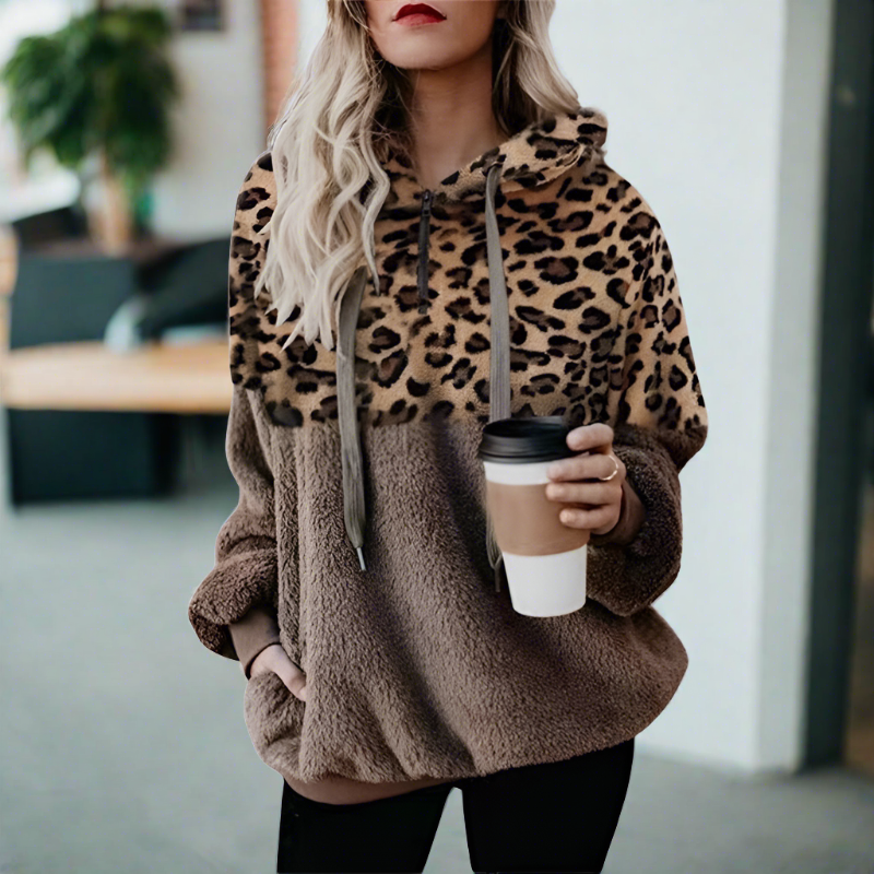 GR – Casual, solid-color plush hoodie with pocket and leopard print