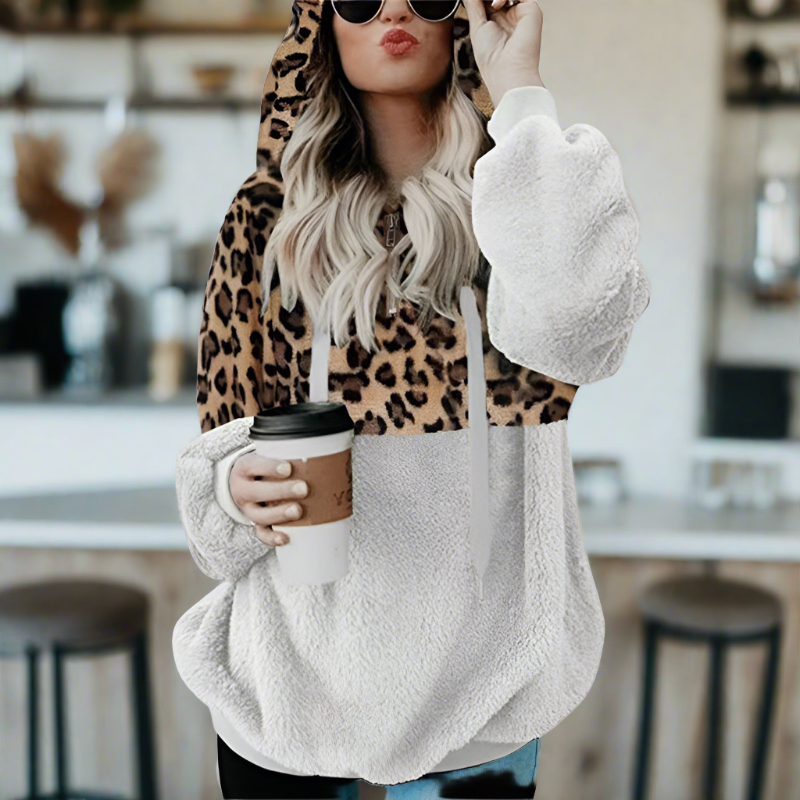 GR – Casual, solid-color plush hoodie with pocket and leopard print
