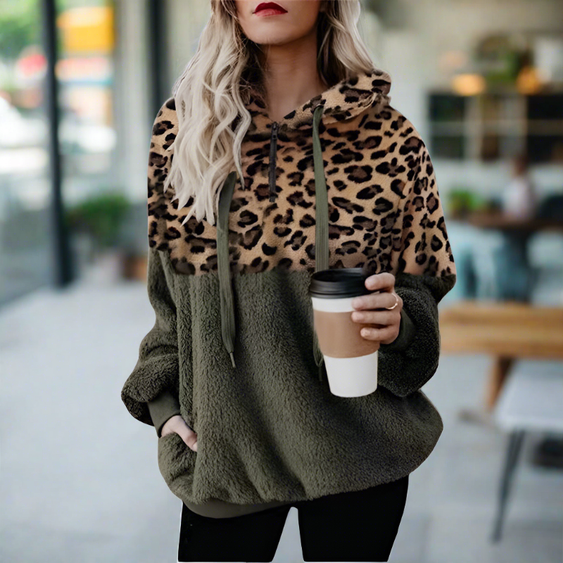 GR – Casual, solid-color plush hoodie with pocket and leopard print