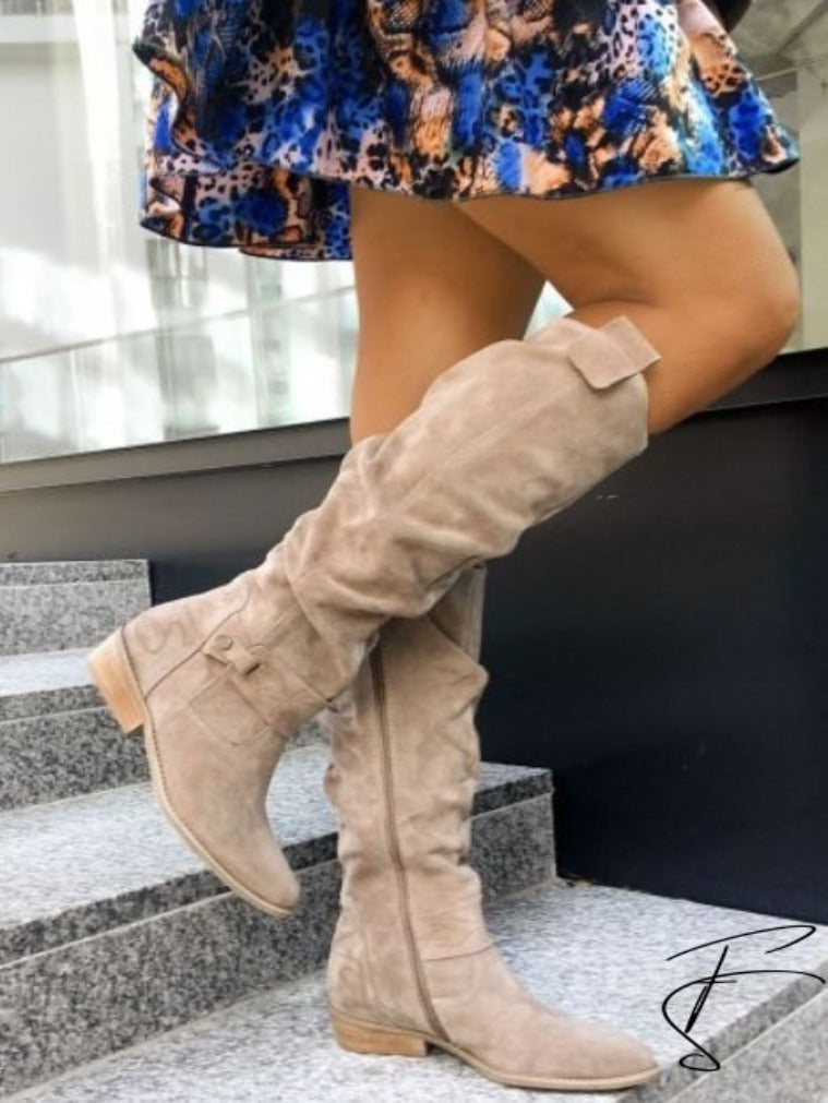 GR | Casual knee-high women's cowboy boots made of suede below the knee