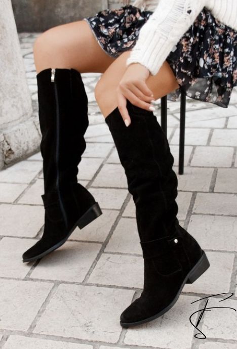 GR | Casual knee-high women's cowboy boots made of suede below the knee