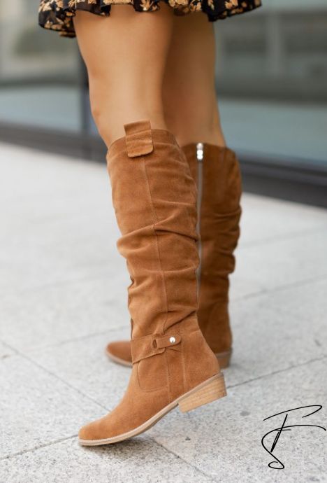 GR | Casual knee-high women's cowboy boots made of suede below the knee