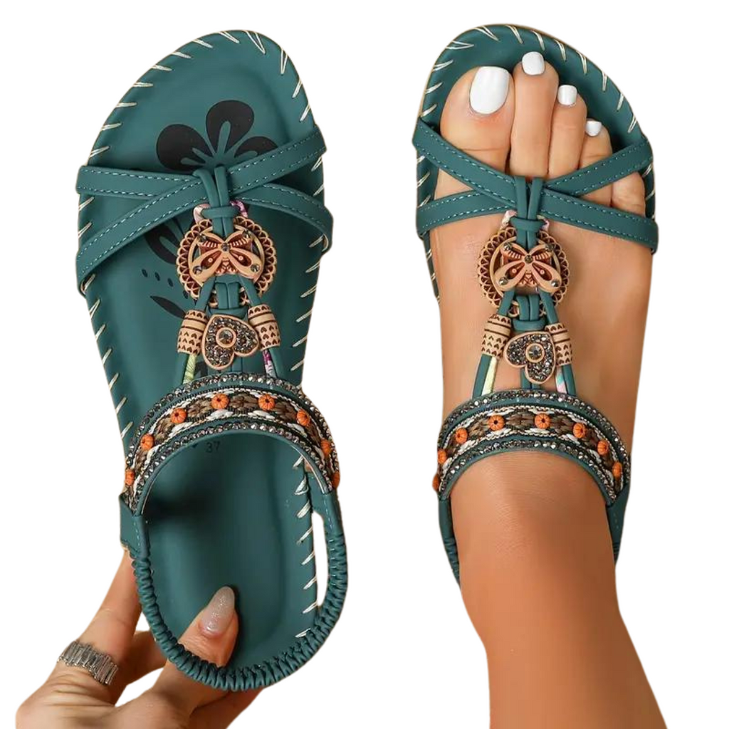 GR Flat Sandals - Boho - Rhinestone Butterfly
