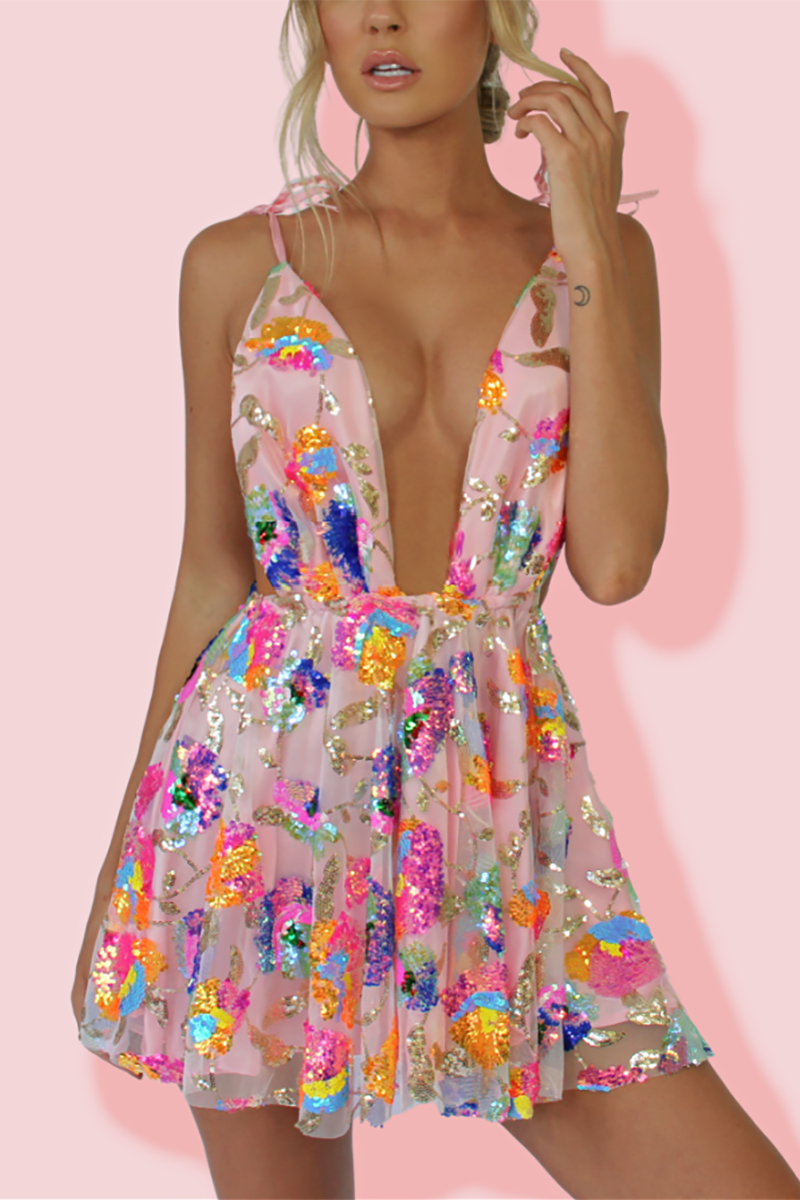 GR | Regenbogen Pailletten Offene Rücken Slip Mini Kleid