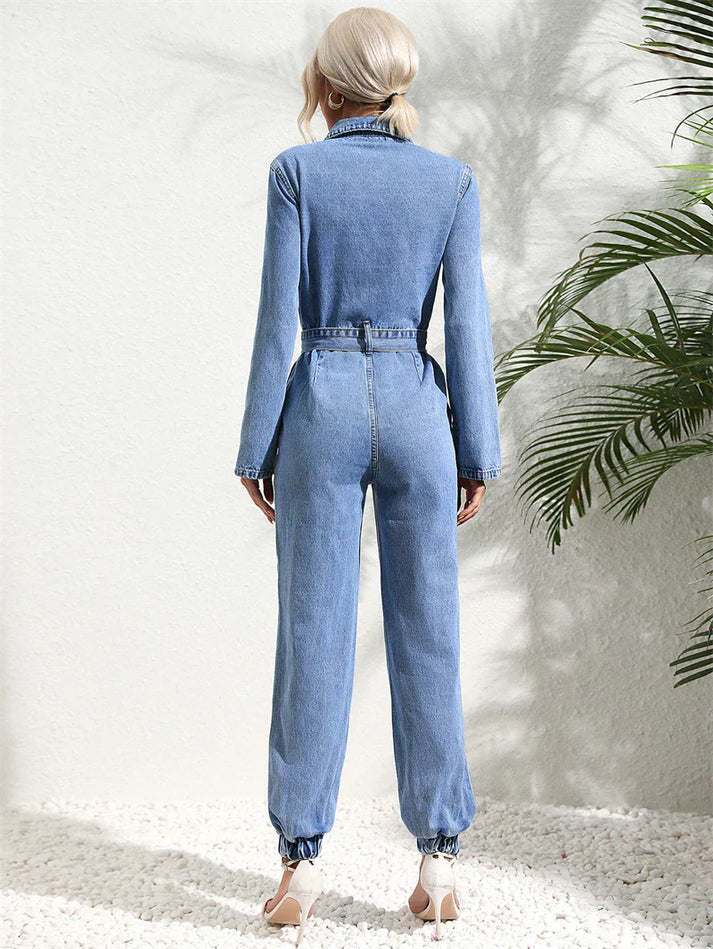 GR | Casual Denim Jumpsuit with Belt and Long Sleeves for Women