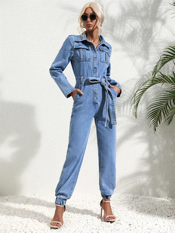 GR | Casual Denim Jumpsuit with Belt and Long Sleeves for Women