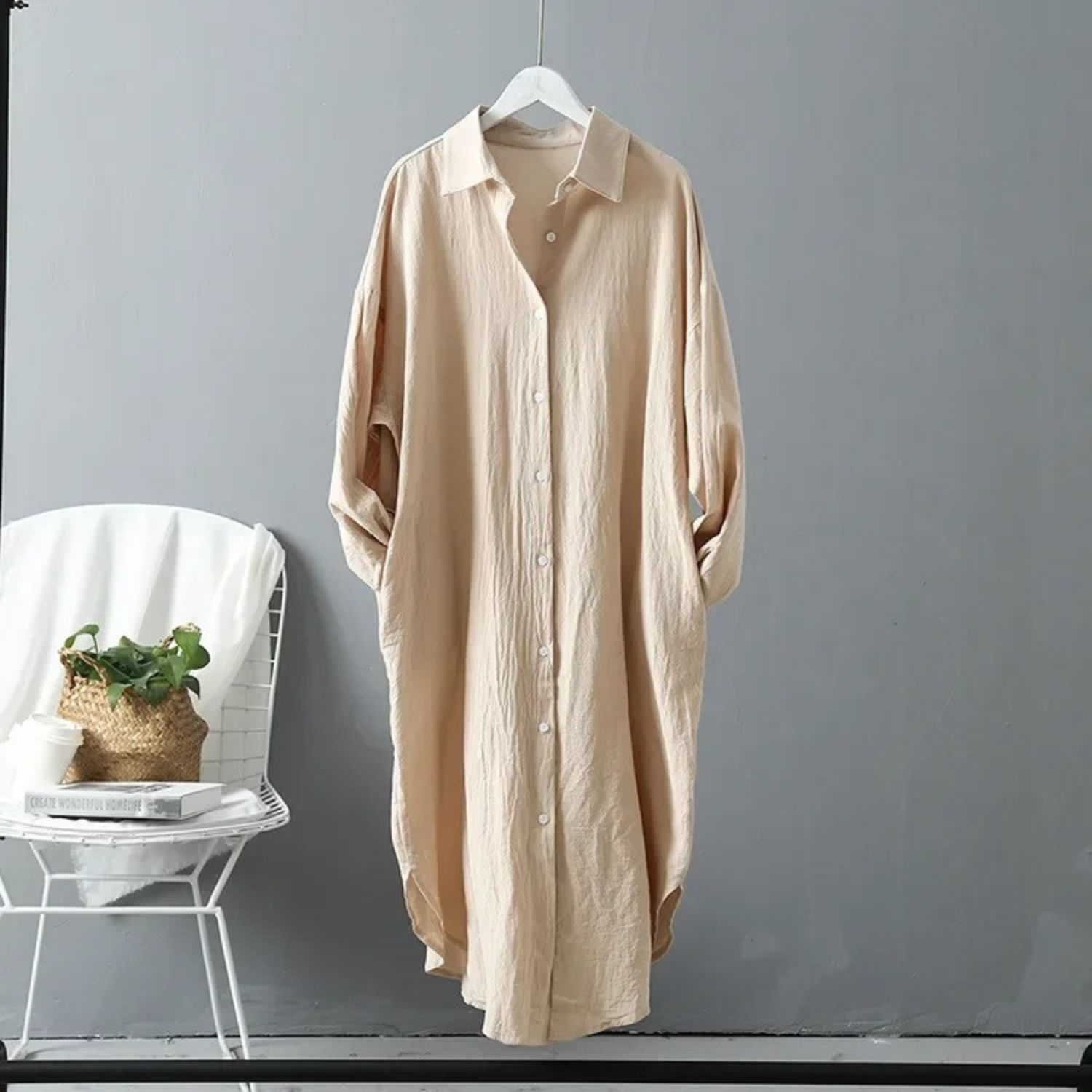 GR | Vintage short-sleeved shirt dress, linen and cotton
