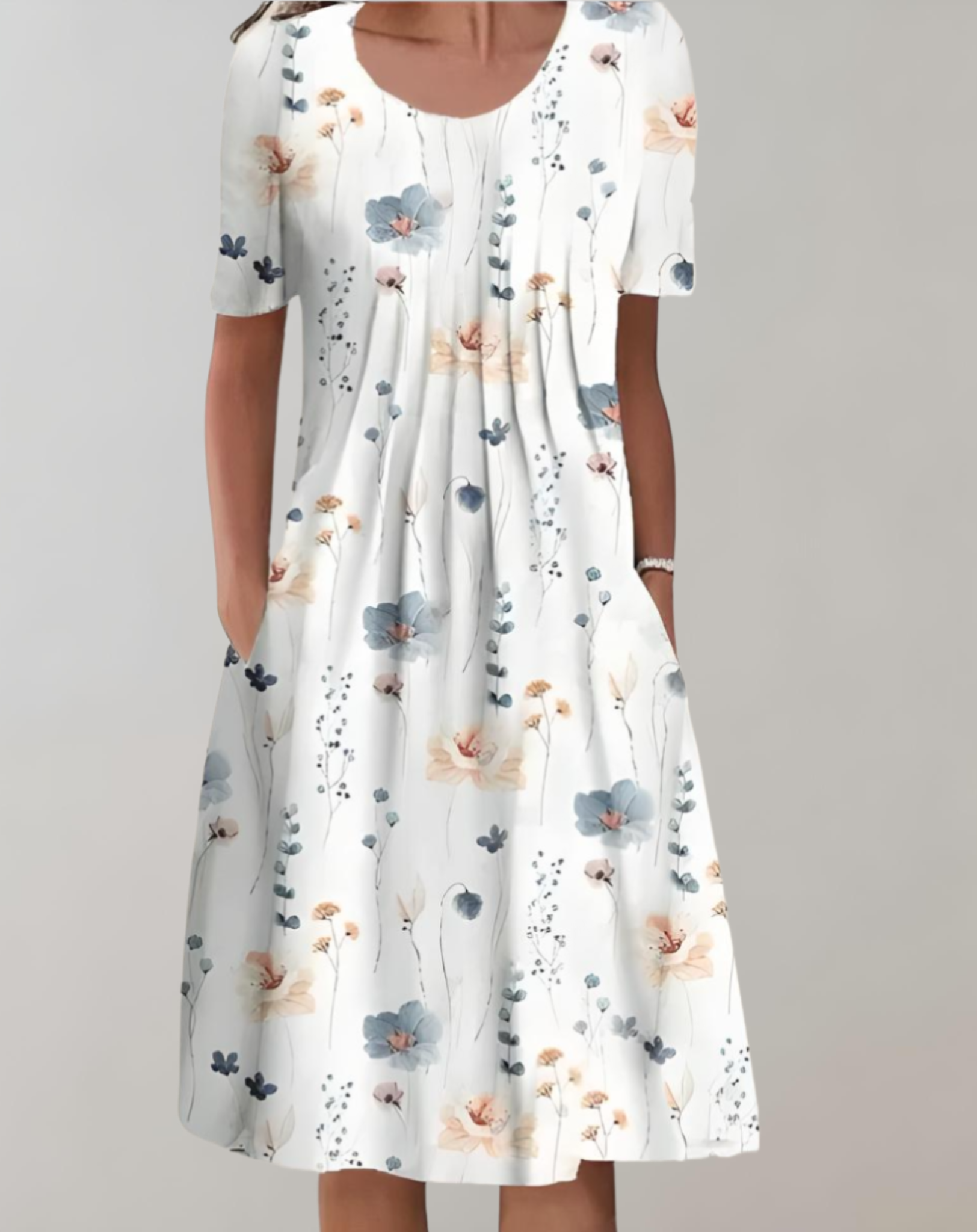 GR | Kurze Ärmel, Lockeres Midikleid mit Blumenmuster und Taschen