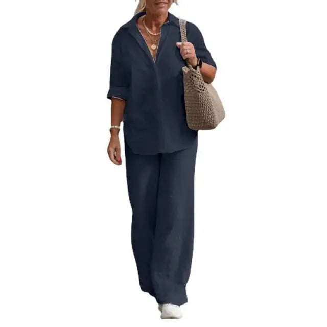 SummerSilhouette Duo™ – Women's Linen Two-Piece Set with Blouse & Trousers, Airy, Elegant & Comfortable for Summer