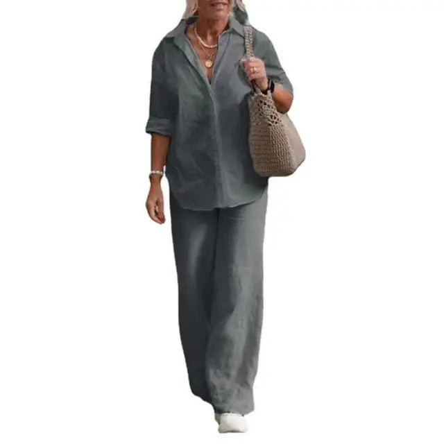 SummerSilhouette Duo™ – Women's Linen Two-Piece Set with Blouse & Trousers, Airy, Elegant & Comfortable for Summer