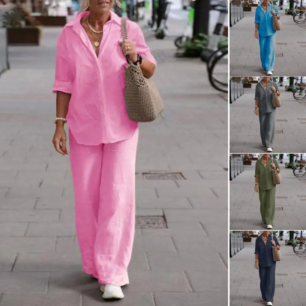 SummerSilhouette Duo™ – Women's Linen Two-Piece Set with Blouse & Trousers, Airy, Elegant & Comfortable for Summer