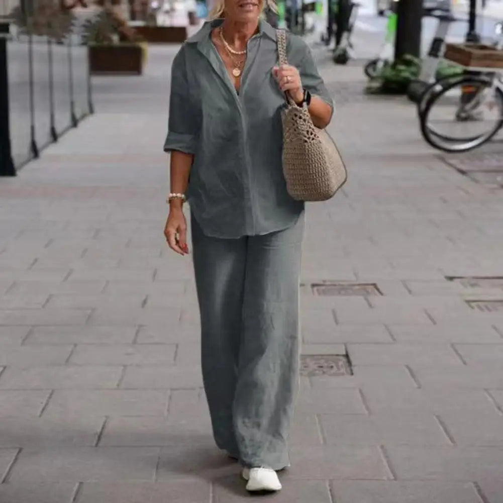 SummerSilhouette Duo™ – Women's Linen Two-Piece Set with Blouse & Trousers, Airy, Elegant & Comfortable for Summer