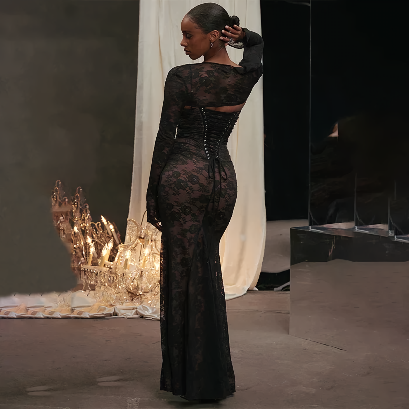 GR | Lace Maxi Dress Elegant Long Sleeve Square Neckline Formal Evening Dress