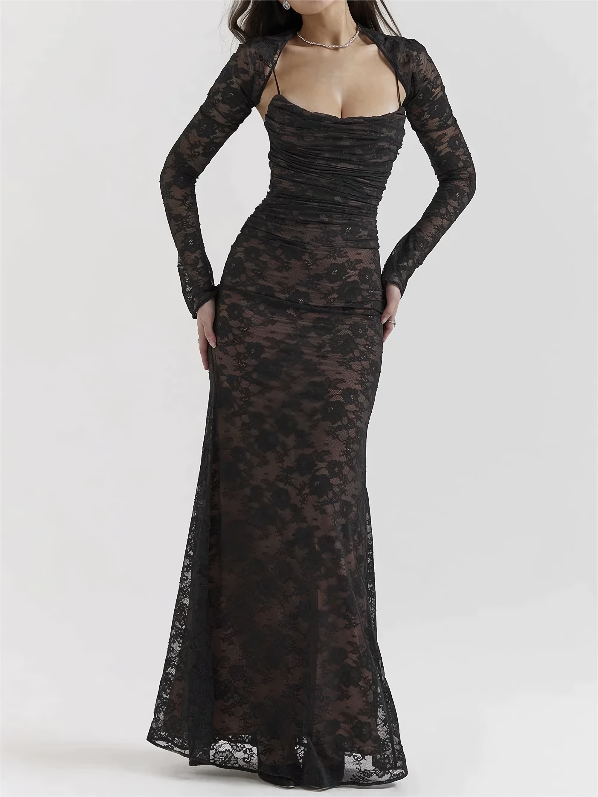 GR | Lace Maxi Dress Elegant Long Sleeve Square Neckline Formal Evening Dress
