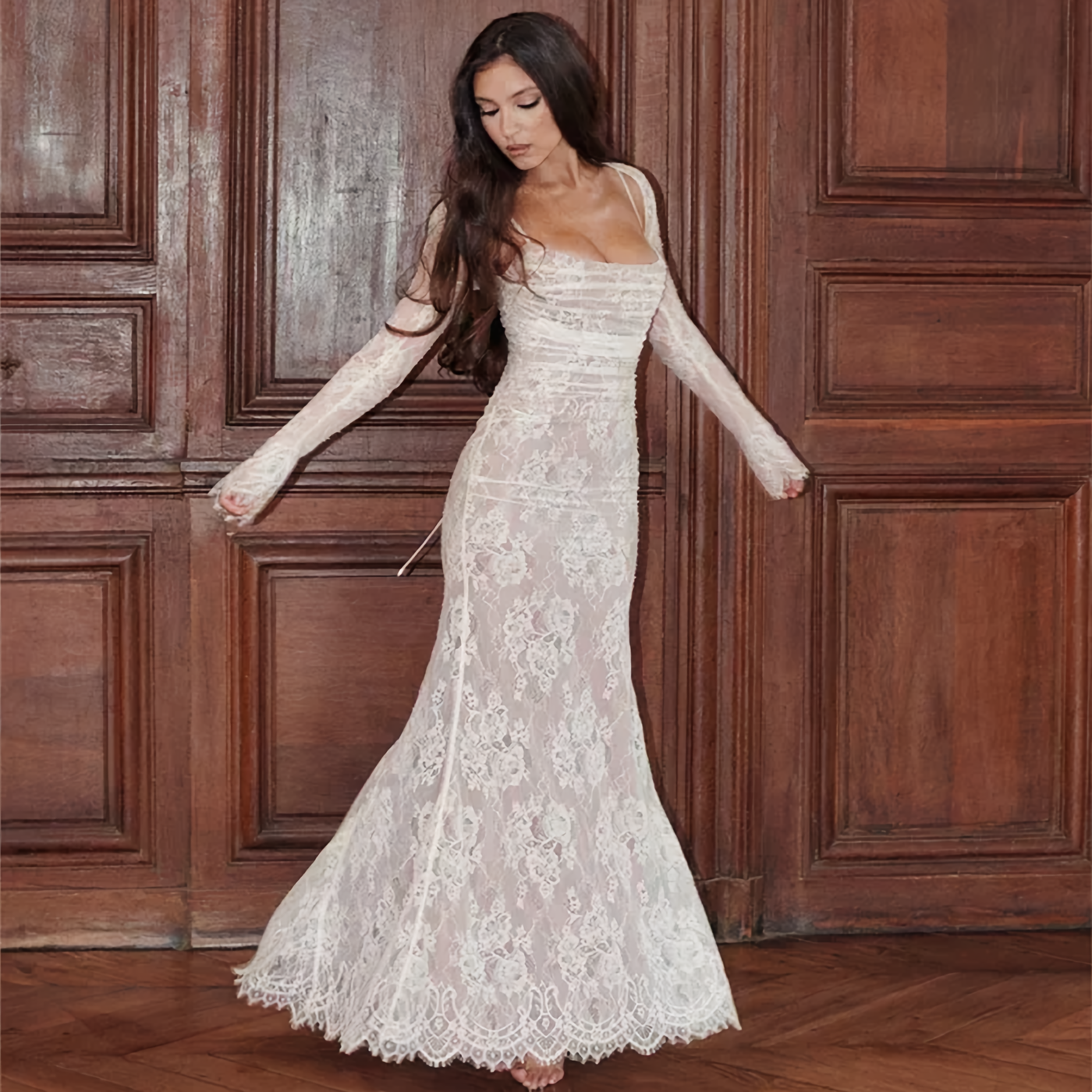 GR | Lace Maxi Dress Elegant Long Sleeve Square Neckline Formal Evening Dress