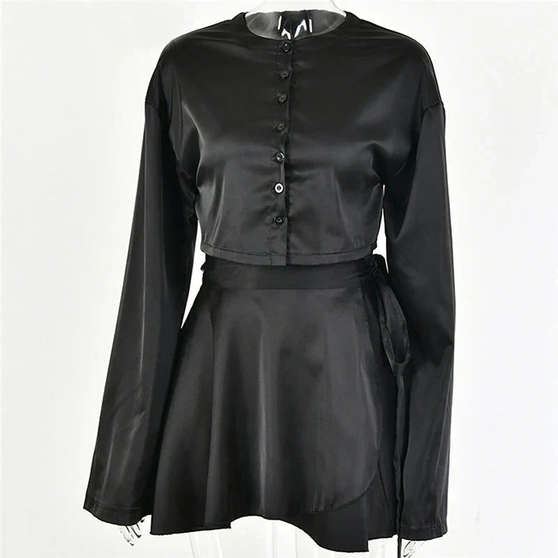 GR | Silky blouse and skirt set with tie belt