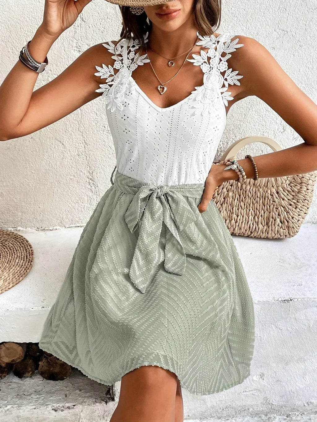 GR | Sleeveless summer dress with lace neckline. Elegant maxi A-line dress with lace details, bow and lightweight material.