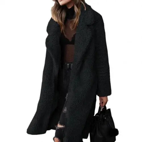GR Plush Warm Cardigan Lapel Long Sleeve Midi Coat
