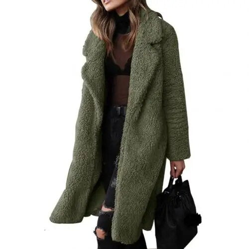 GR Plush Warm Cardigan Lapel Long Sleeve Midi Coat