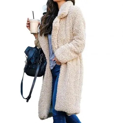 GR Plush Warm Cardigan Lapel Long Sleeve Midi Coat