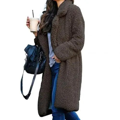 GR Plush Warm Cardigan Lapel Long Sleeve Midi Coat