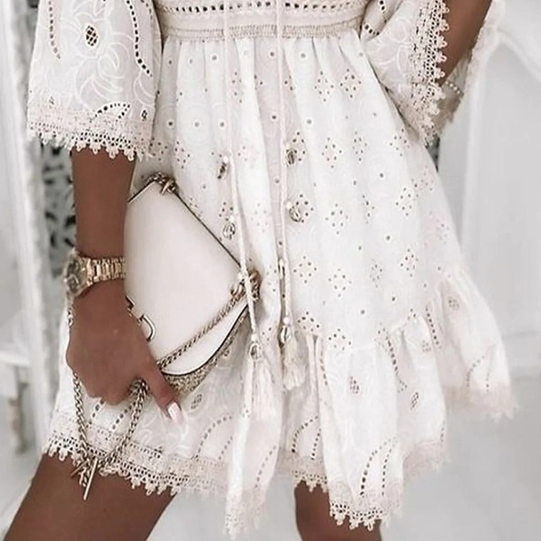 GR | Boho-Spitzenbesticktes Kleid mit Ausladenden Ärmeln für Damen