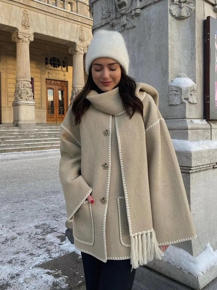 GR Coats with scarf Elegant jackets with long sleeves and pockets