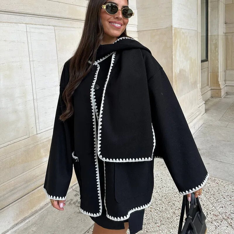 GR Coats with scarf Elegant jackets with long sleeves and pockets