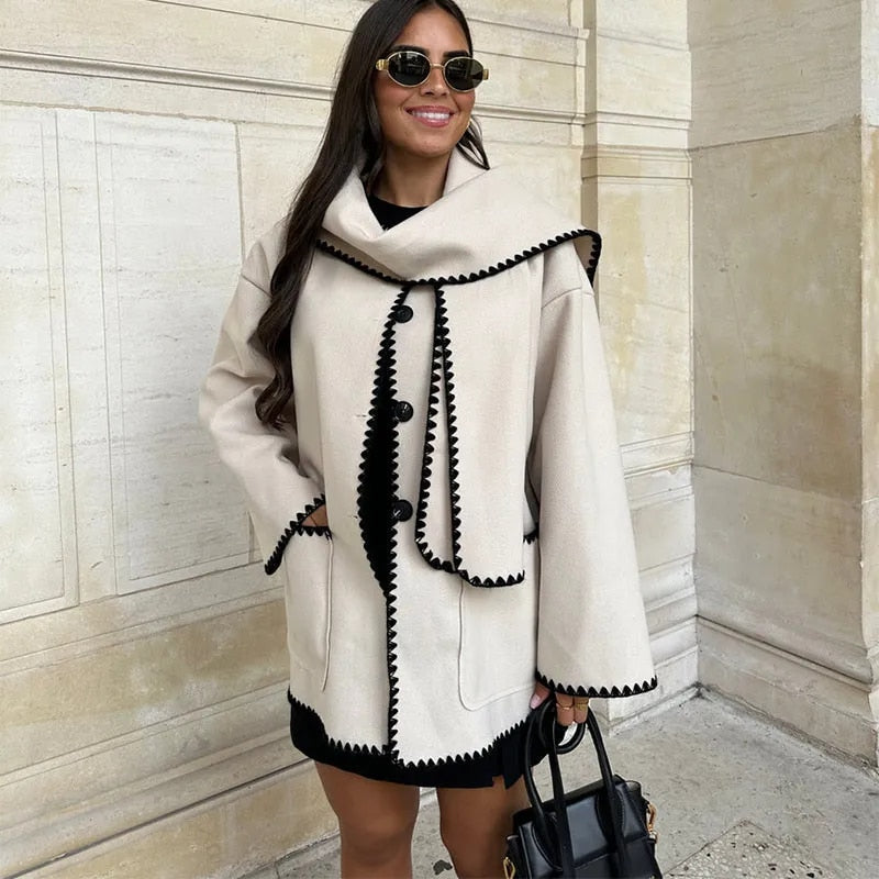 GR Coats with scarf Elegant jackets with long sleeves and pockets