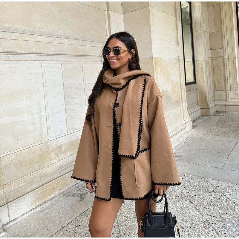 GR Coats with scarf Elegant jackets with long sleeves and pockets
