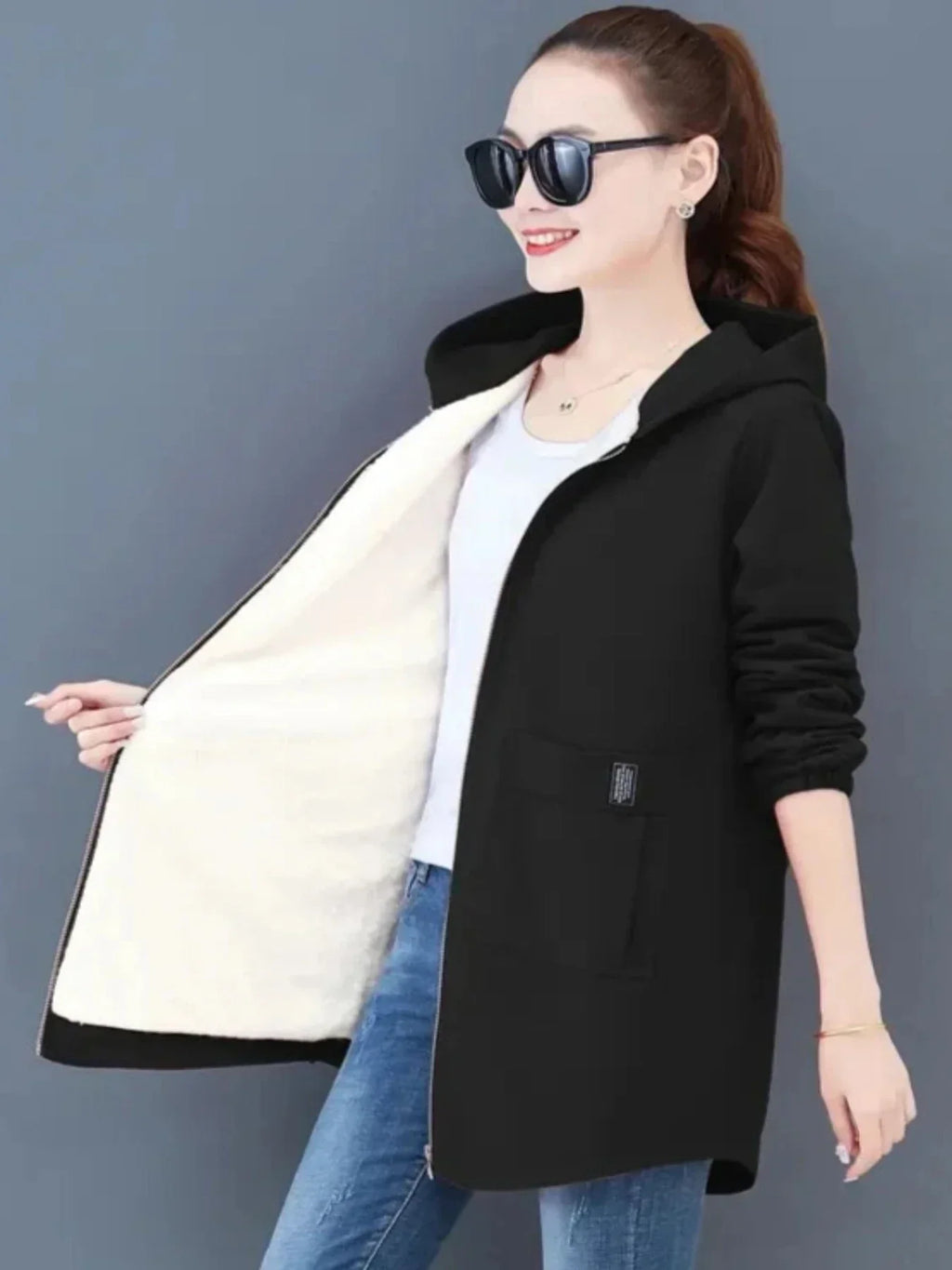 GR | Kapuzenmantel für Damen - schwarze Freizeitjacke