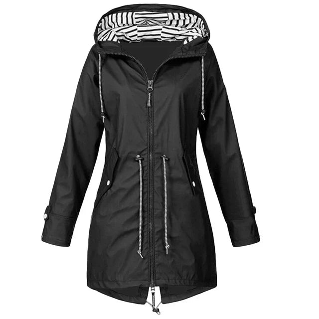 GR - Women's waterproof hoodie trench coat with drawstring waist, zipper and outer pockets 