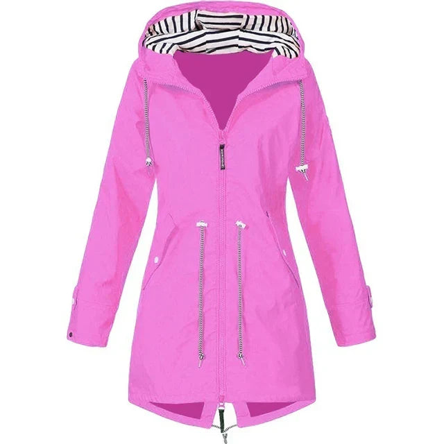 GR - Women's waterproof hoodie trench coat with drawstring waist, zipper and outer pockets 