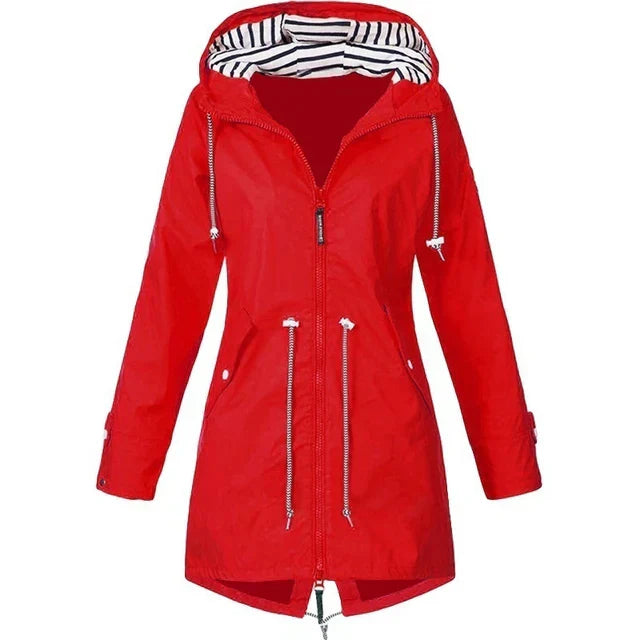 GR - Women's waterproof hoodie trench coat with drawstring waist, zipper and outer pockets 