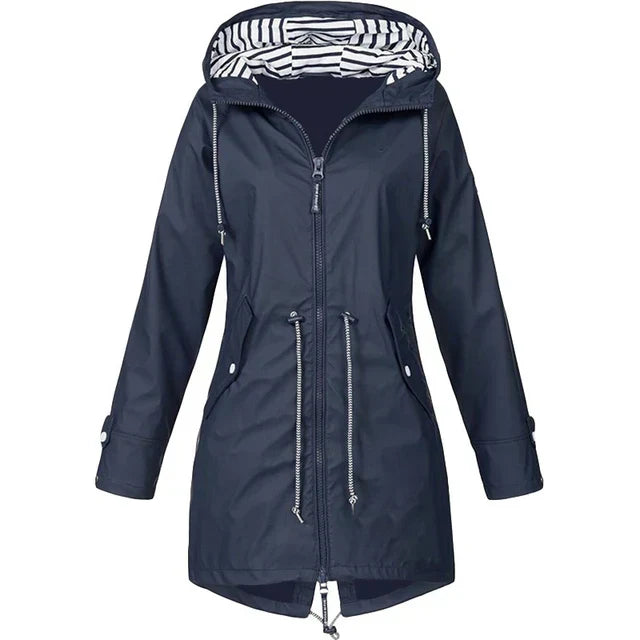 GR - Women's waterproof hoodie trench coat with drawstring waist, zipper and outer pockets 