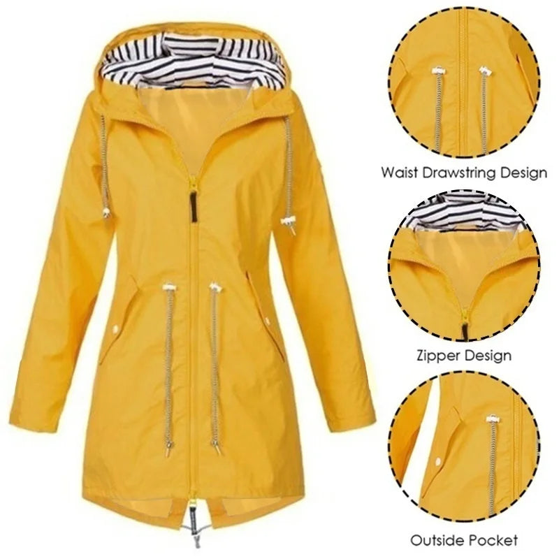 GR - Women's waterproof hoodie trench coat with drawstring waist, zipper and outer pockets 