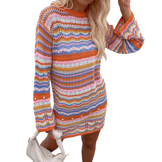 GR | Designer Bohemian striped knit and crochet sweater dress 