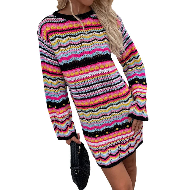 GR | Designer Bohemian striped knit and crochet sweater dress 