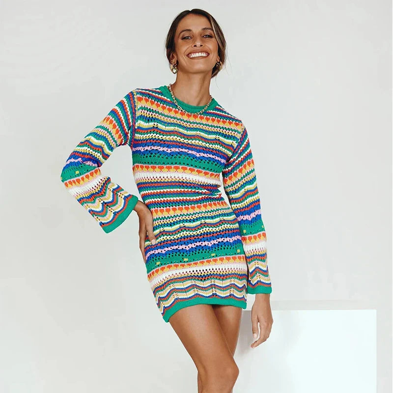 GR | Designer Bohemian striped knit and crochet sweater dress 