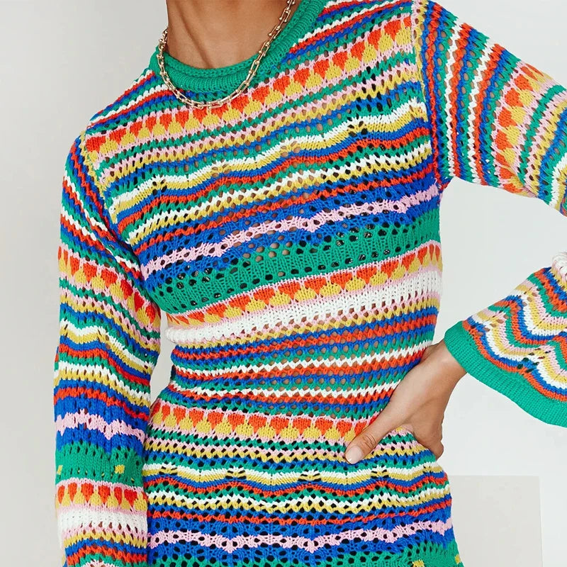 GR | Designer Bohème gestreiftes Strick-Häkel-Pullover-Kleid
