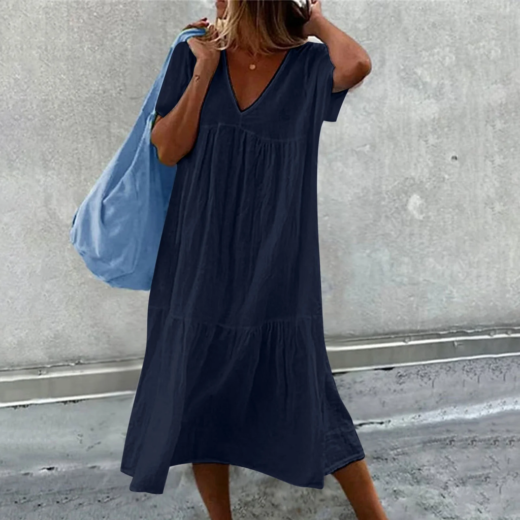 GR | Women's casual dress with V-neck and simple handbag